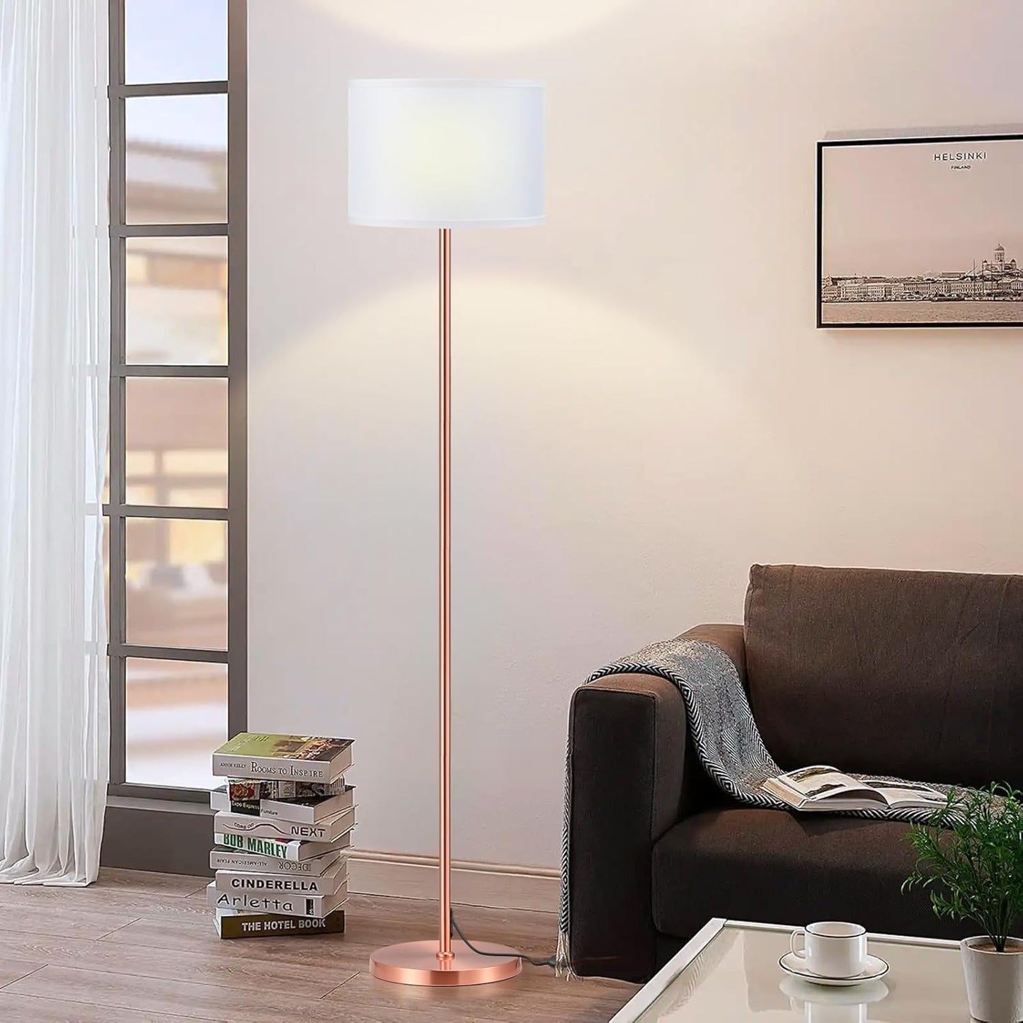 Ambimall 60'' Modern Floor Lamp with Shade, Tall Lamps for Living Room, Bedroom, Office, Dining Room, White Shade with Rose Gold Pole(Without Bulb)