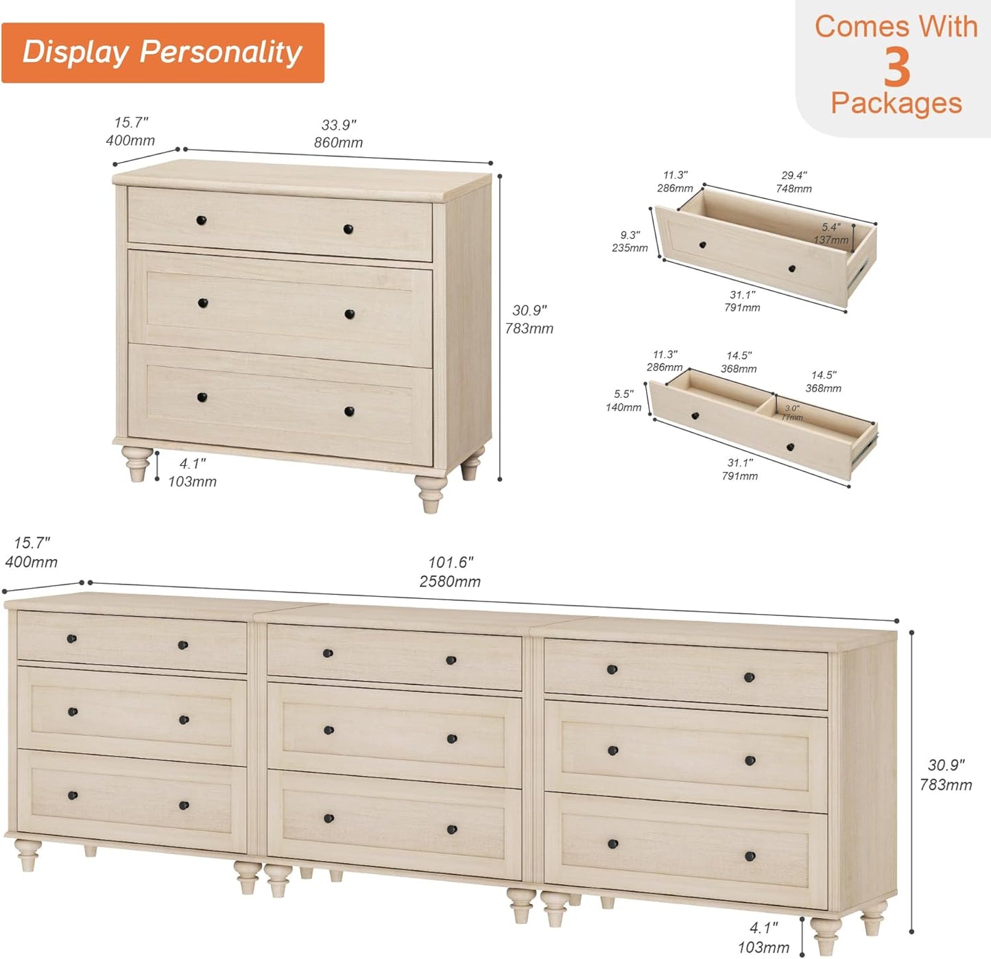 WAMPAT Kids Dresser with 9 Drawers, Baby Dressers with Wide Chest of Drawers, Mid Century Modern Wooden Closet Storage Organizer, Large Wood Dressers for Bedroom, Nursery, Hallway, Beige, 102 inch