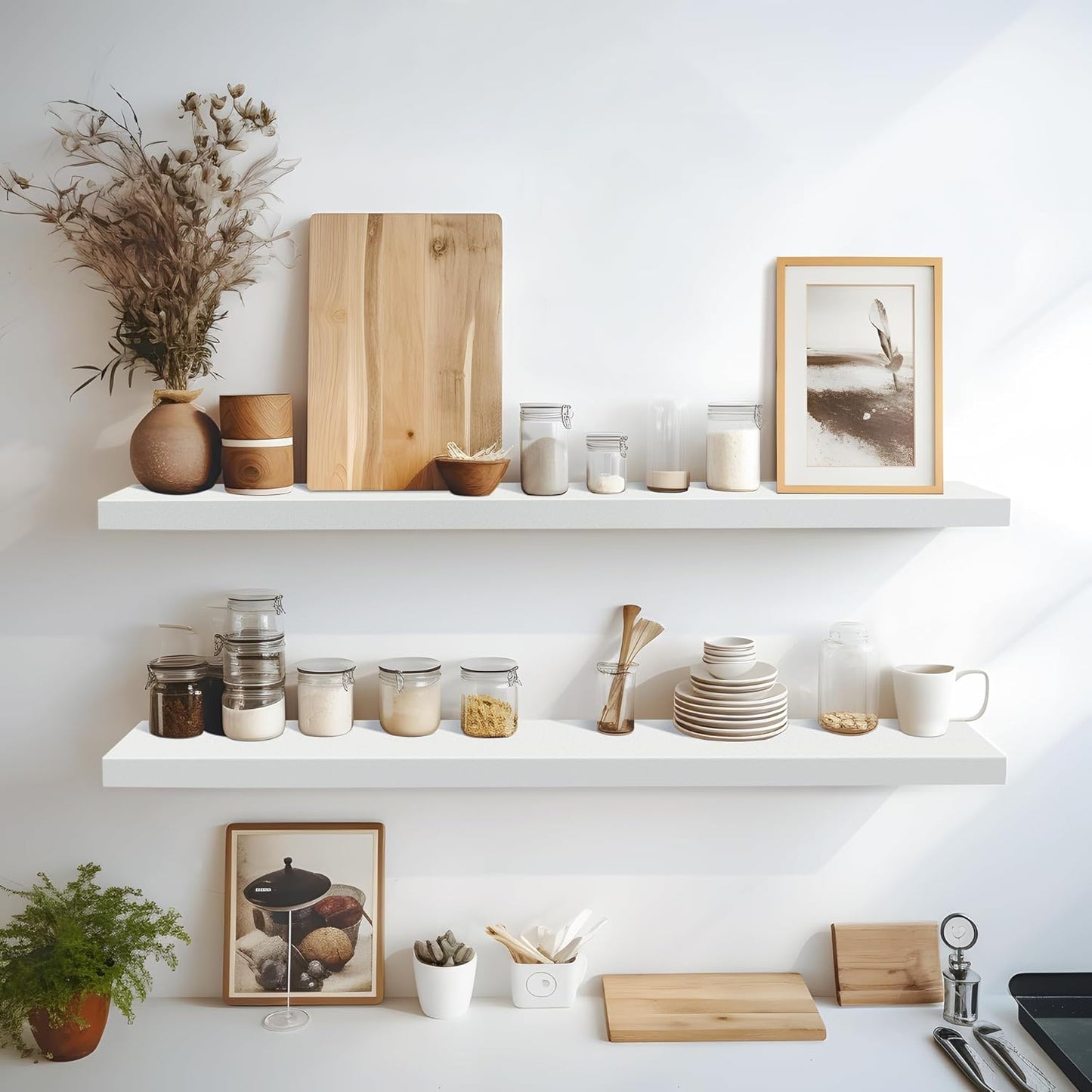 LaVie Home Floating Shelves, 47 Inch Wall Shelf Set of 2, Hanging Shelf with Invisible Brackets, Wall Decor for Bathroom, Bedroom, Living Room, Kitchen Storage, Modern White