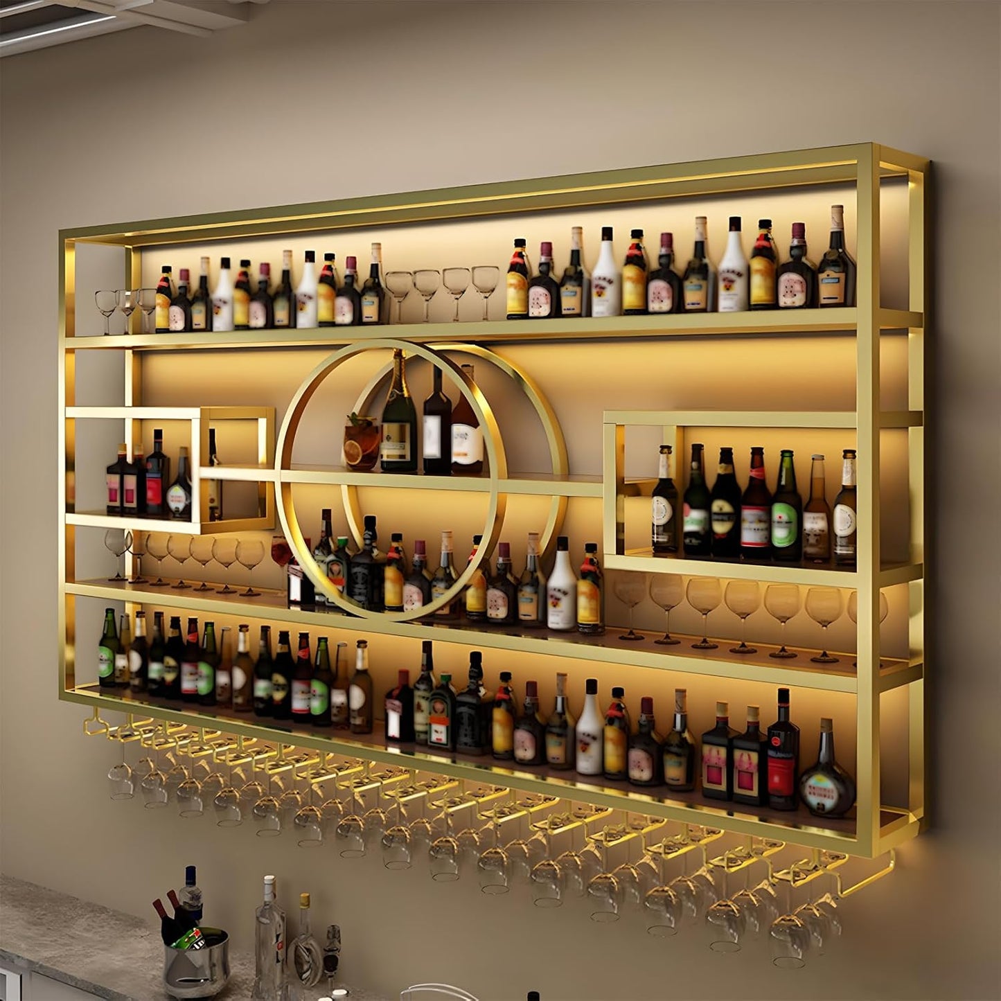 63in Wall Mounted Wine Rack, Modern Metal Wine Bottle and Glass Holder, Iron Display Stand Decorative Wine Rack, for Bar Living Room Dining Room Background (Gold, 63 * 8 * 51INCHES)