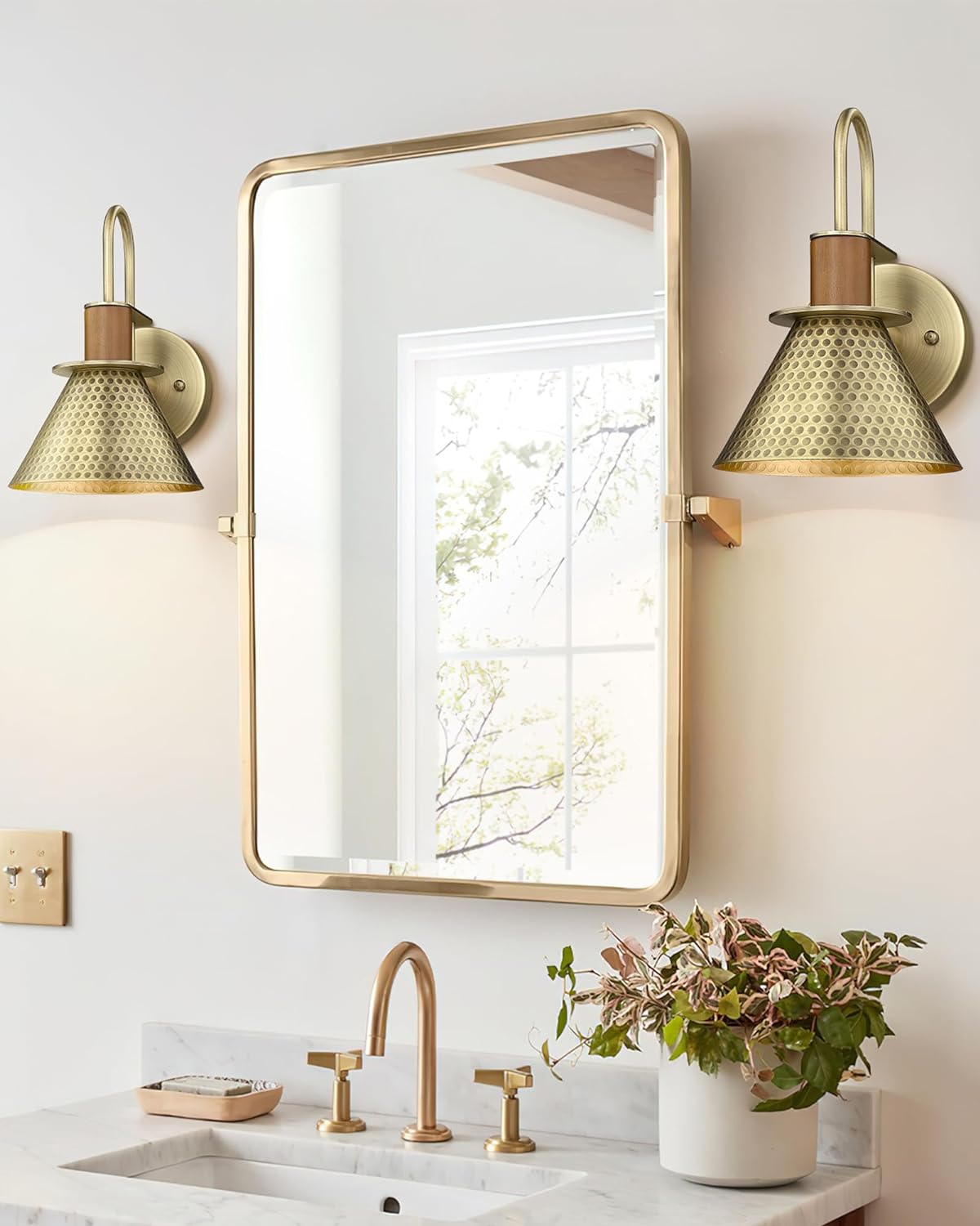 Barn Sconce Wall Lighting, HWH Gooseneck Wall Sconces Indoor Wall Lights, 1-Light Vanity Wall Lamp for Bathroom Bedroom Bedside Kitchen, Hammered Metal Shade, Antique Brass Finish, 5HZG74B BG