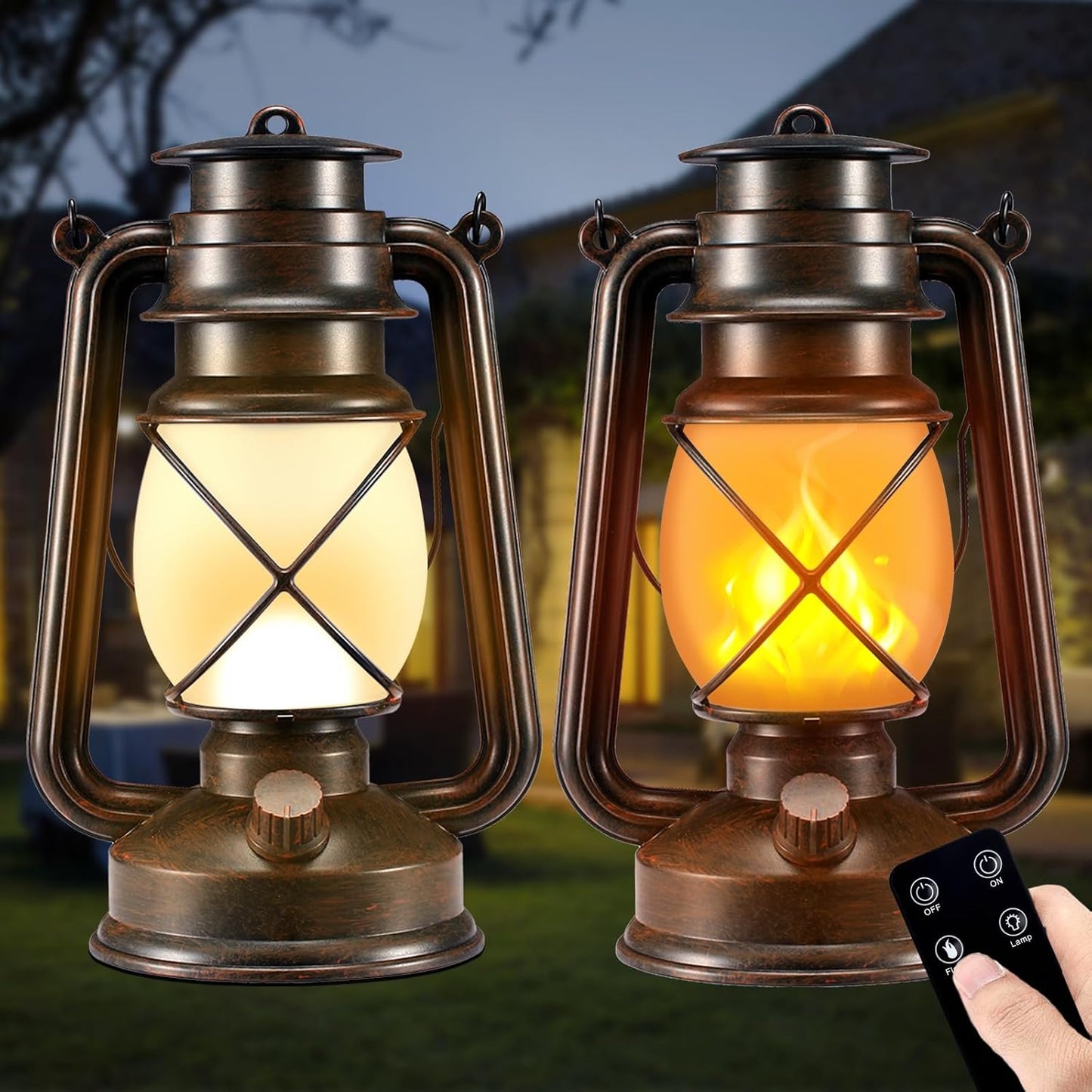 Battery-Powered 2 Modes Lighting LED Vintage Lanterns Decorative Outdoor & Indoor, 2 Pack Bronze Lights with Dancing Flame, Waterproof Remote Control Retro Lanterns Decor for Room,Garden,Porch