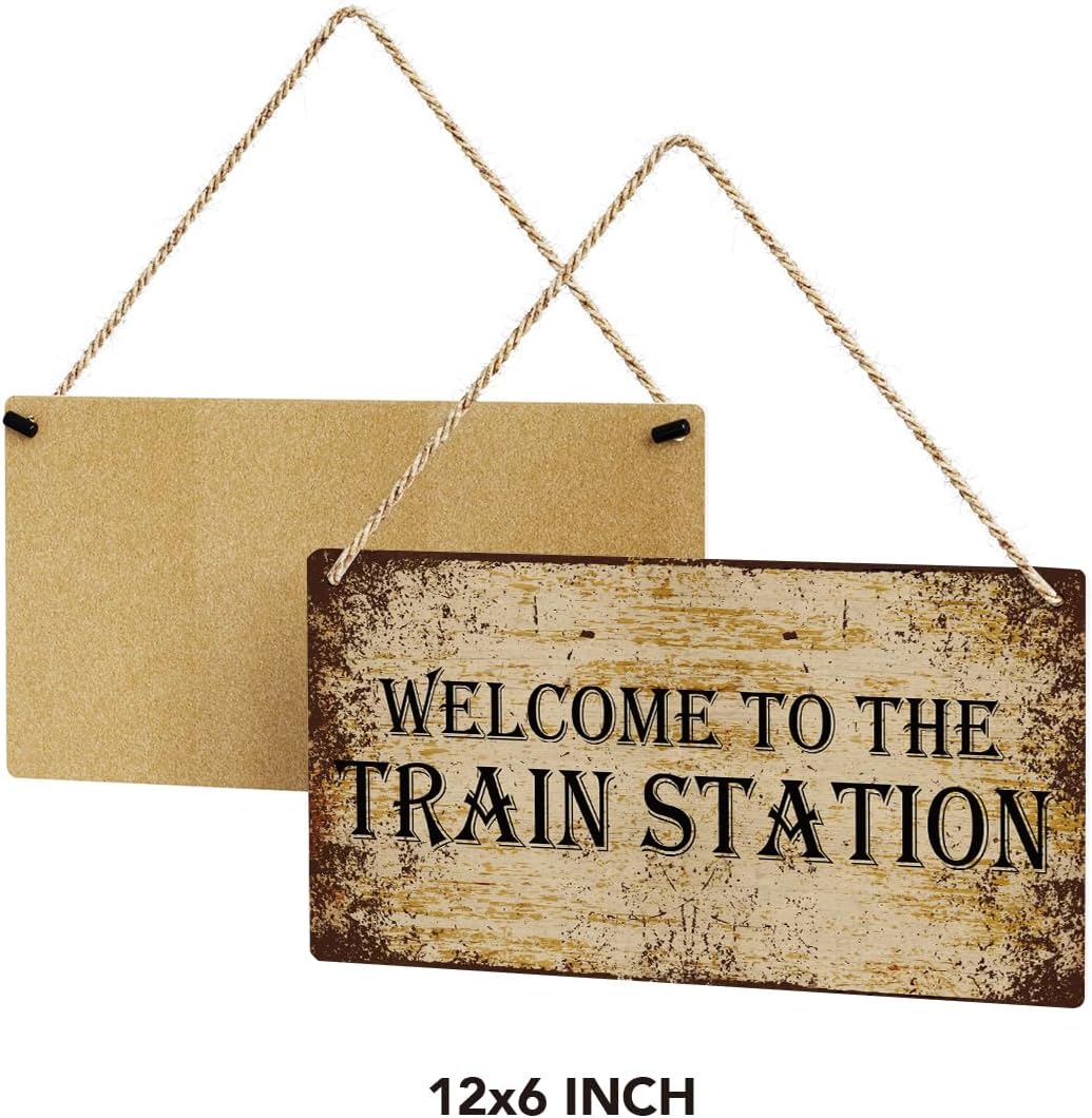 SENJIAN Rustic Train Station Wood Decor Sign, Retro Welcome to the Train Station Printed Wood Sign Wall Art, Hanging Door Sign, Decorative Wood Sign Home Decor 12" x 6"