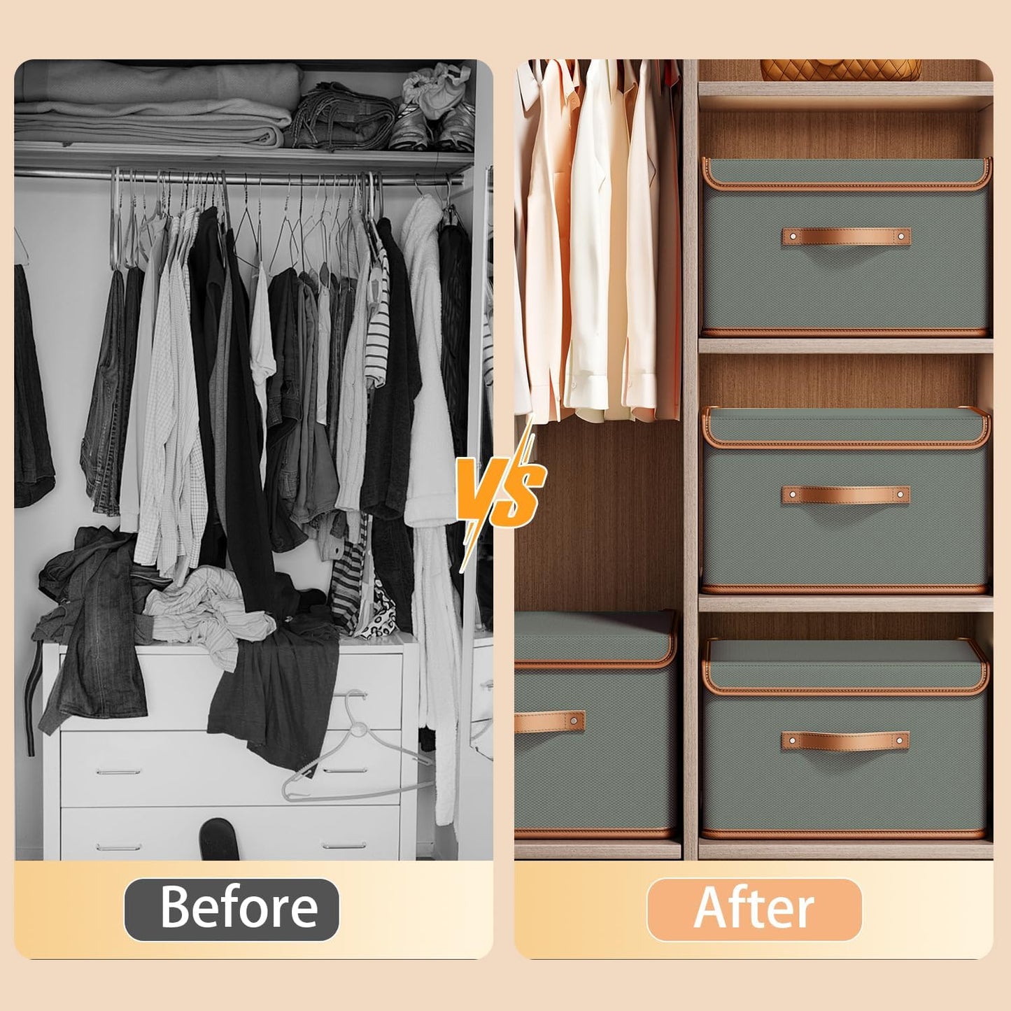 Tuza 2 Pack Storage Bins with Lids, Collapsible Closet Organizer Container, Fabric Organizer Box with Handles, Decorative Storage Boxes with Lids for Organizing Clothes, Blanket, Grey, Extra Large