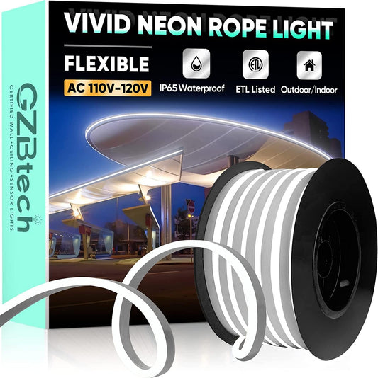 GZBtech Flexible LED Neon Rope Lights 33FT,AC 110-120V Waterproof Strip Light, 120 LEDs/M Cuttable Connectable Neon Lighting for Indoor Outdoor Home Decor/Commercial Building Use-Cold White 10M