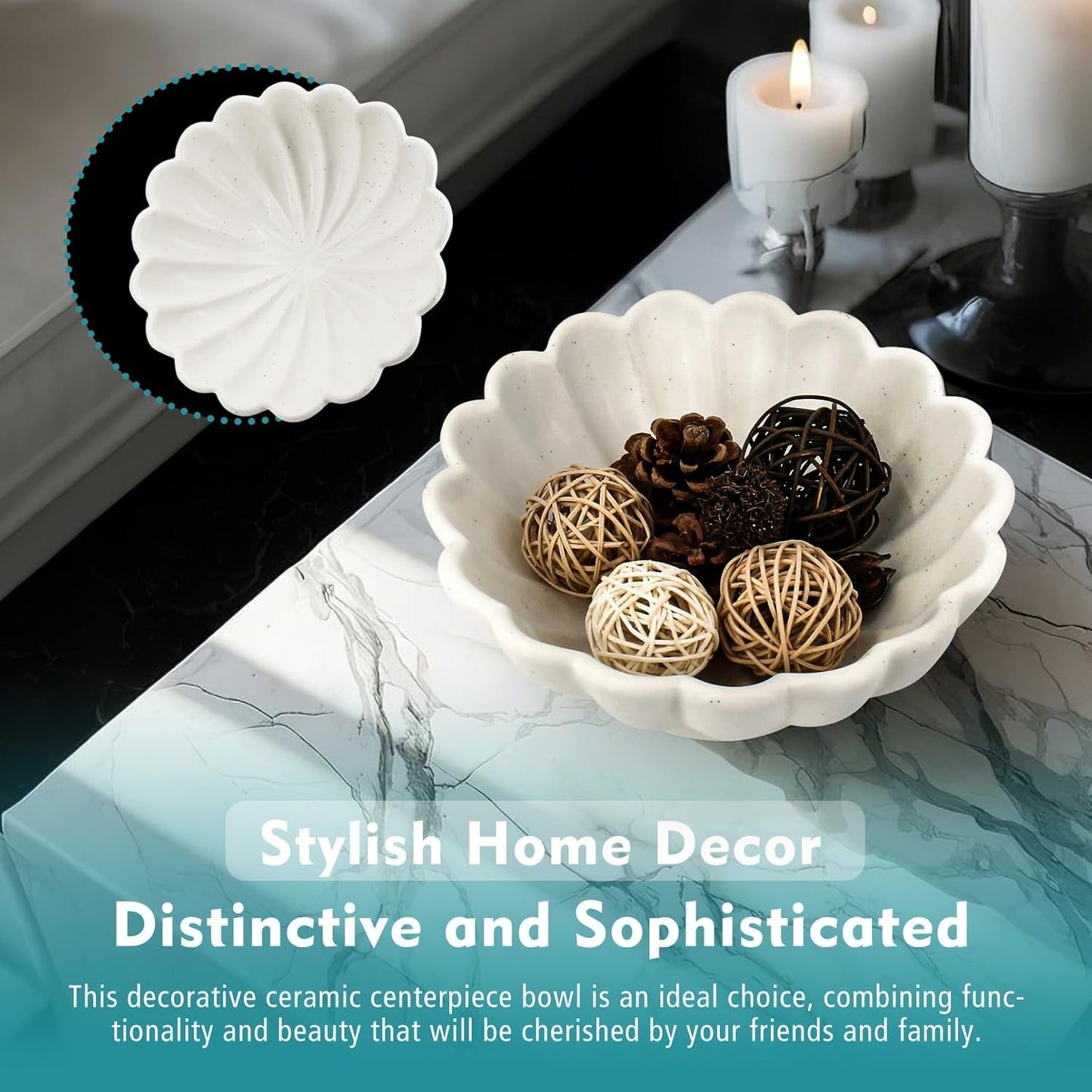 Accessoryway 8" White Fluted Scalloped Decorative Bowls -Moderate Ceramic Fruit Bowl for Kitchen Counter, Elegant Wavy Edge Centerpiece Bowls for Home Decor, Perfect for Housewarming &Wedding Gift