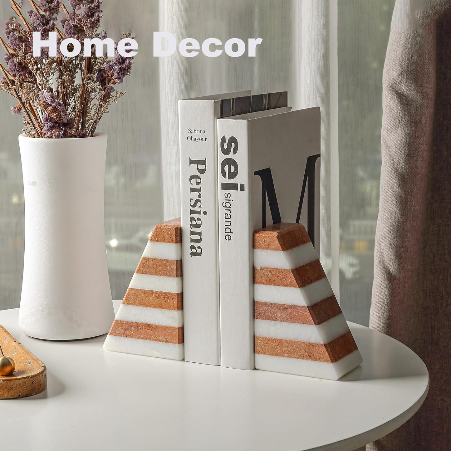 Marble Book Ends, Non-Skid Bookends for Shelves, Composite Bookend with Natural Stone, Heavy Duty Book Stopper, Collected CDs and Oversized Books Organizer, White & Red Decorative Bookends