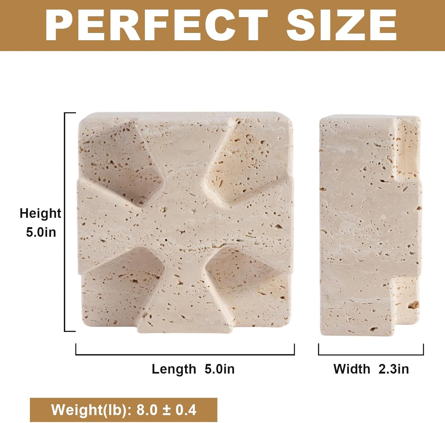 Natural Marble Bookends for Heavy Books, Heavy Duty Square Decorative Stone Book Ends for Shelves, Aesthetic Travertine Book Holder, Modern Office Bookshelf Stopper Decor, Beige, Set of 2