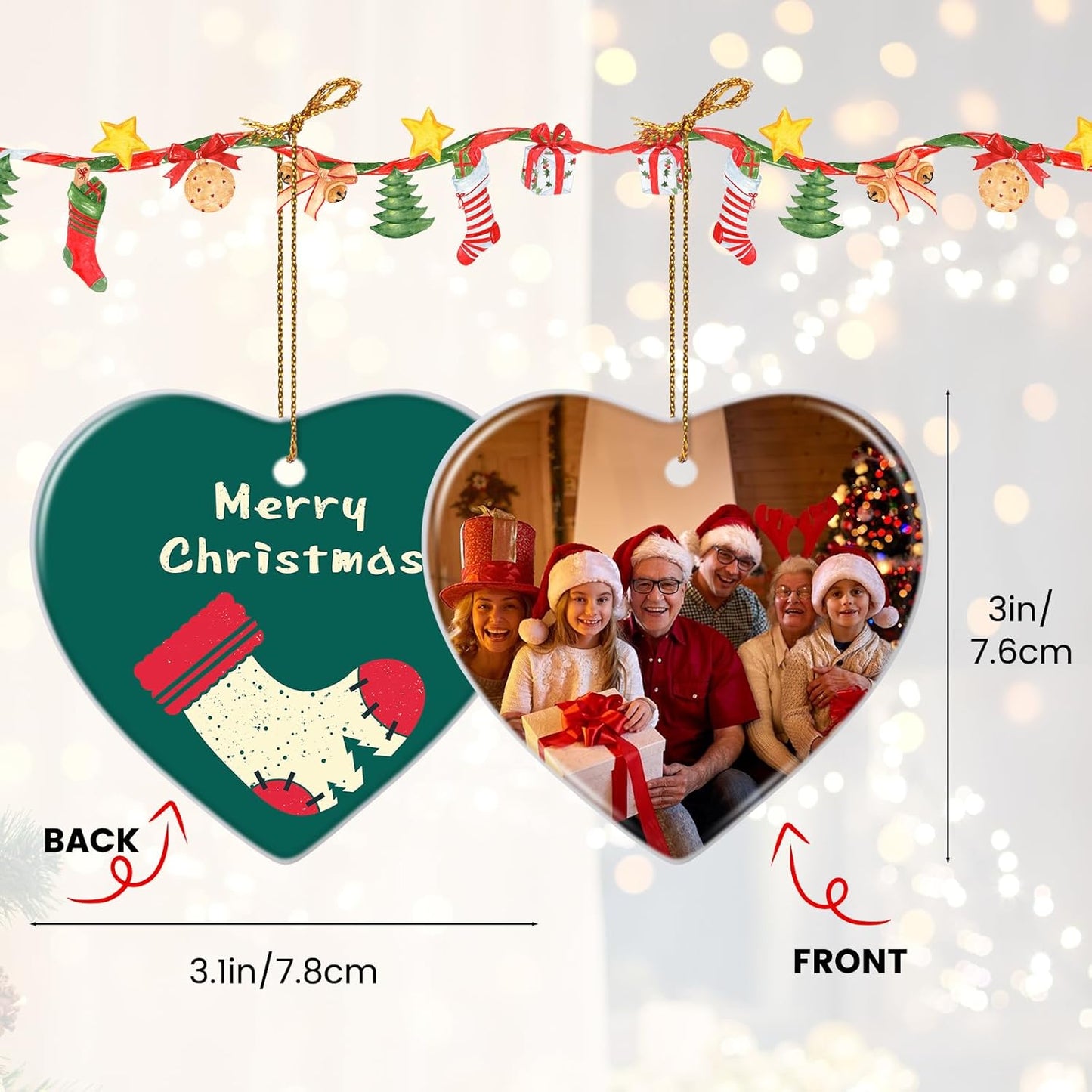 Personalized Christmas Ornaments 2025, Double-Side Custom Christmas Ornament, Heart Ceramic Photo Ornament Christmas Tree Decorations for Kids, Mom, Dad, Family, Loved One