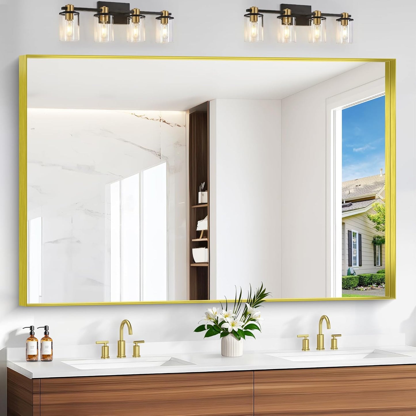 Gold Bathroom Mirror, 60x40 Inch Rectangular Framed Mirror, Large Wall Mounted Bathroom Vanity Mirror Over Sink for Bedroom,Restroom, Living Room, Hangs Vertically or Horizontally