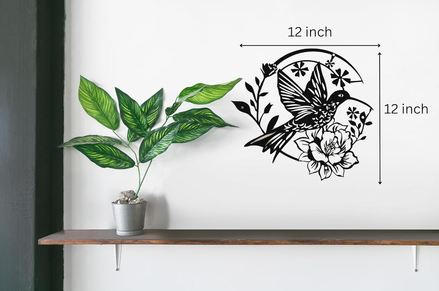 SHIMANY Black Metal Wall Art - Hummingbird Hanging Wall Sculpture with Floral Design for Bedroom, Living Room, or Reading Nook - Botanical Accent