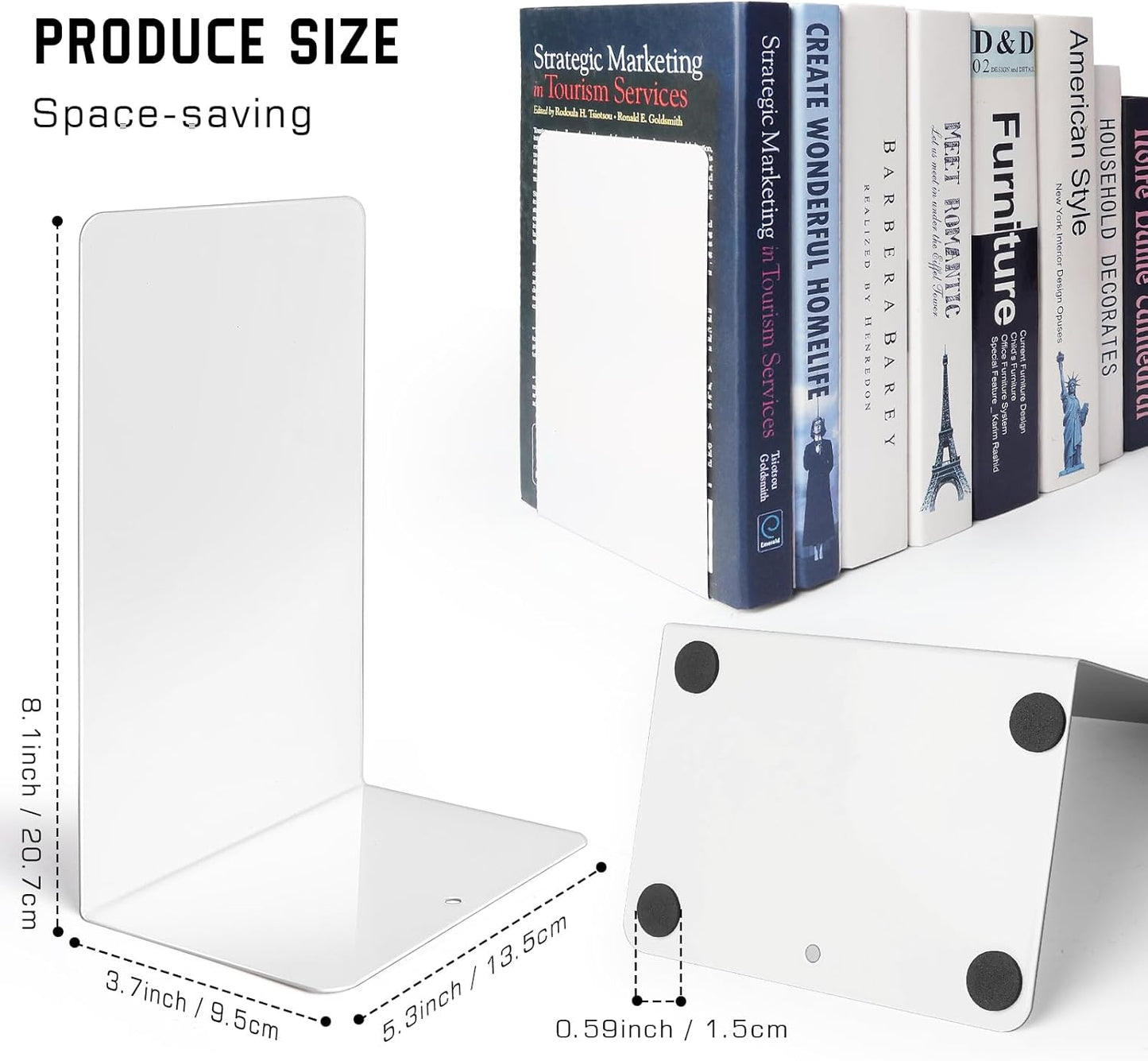 VONDERSO Metal Bookends White, 2 Pairs Metal Bookends Heavy Duty for Shelves Decor Home Office, Unique White Book Ends Supports Anti-Slip for Kids Girls
