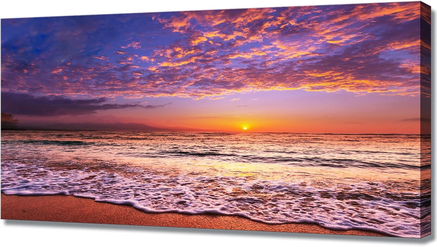 Beach Wall Art Sunset Canvas Pictures, Seascape Theme Art Wall Pictures, Coastal Ocean Wave Paintings,Modern Cloud Artwork for Bedroom Living Room Bathroom Home Office Decorations 20X40 Inches