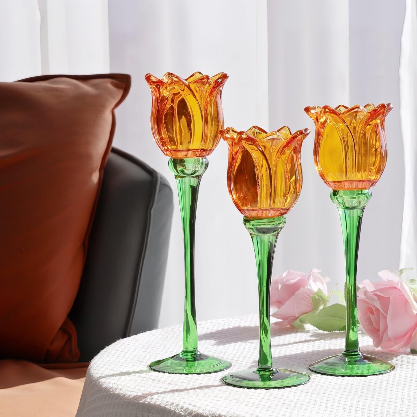 VOHO Orange Tulips Votive Candle Holders for Spring Decor, Elegant Tall Glass Candle Holder Centerpiece Table Decorations, Tulip Tealight Candle Holder for Wedding for Women(Set of3)