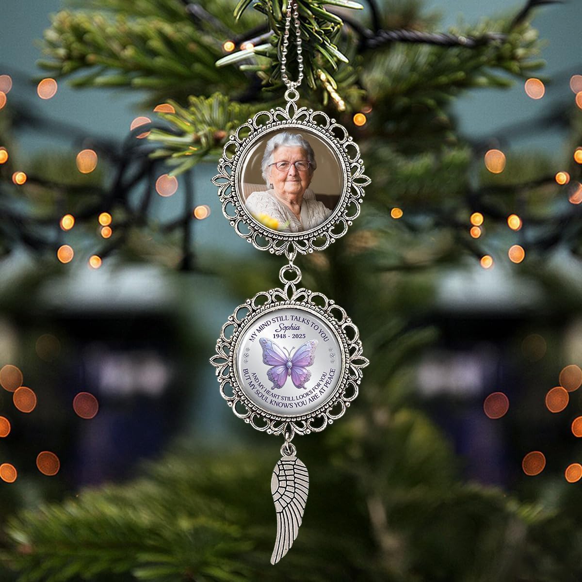 Metal Memorial Ornament with Custom Photo - My Mind Still Talks to You Charming Christmas Ornament Car Hanging Charm Remembrance Sympathy Gift for Loss of Loved Ones Grieving Keepsake