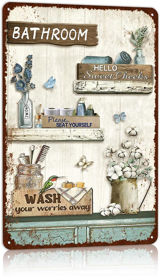 Vintage Farmhouse Bathroom Metal Tin Signs Rustic Flower Country Wall Art Decor 8X12 Inches