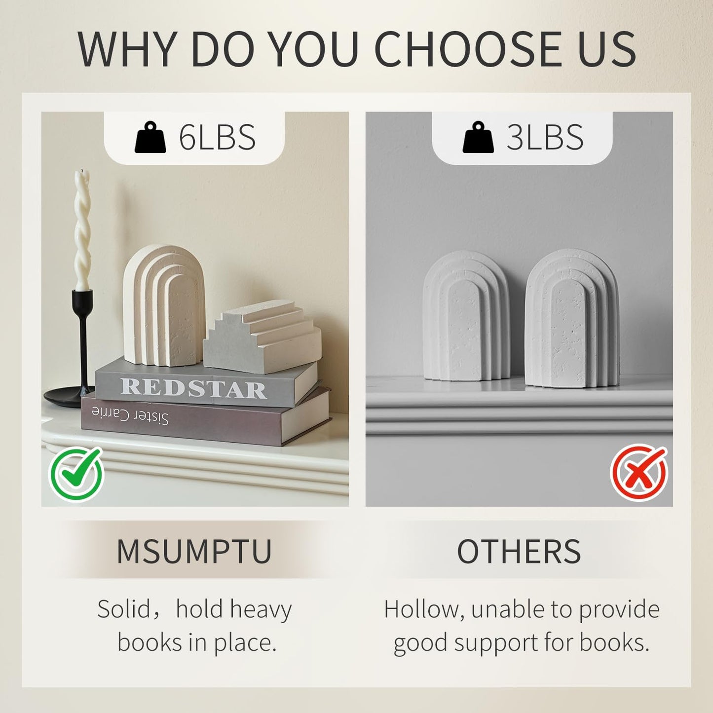 Decorative Bookends for Shelves, Set of 2 Book Ends for Heavy Books, Layered Arch Design Beige Bookend