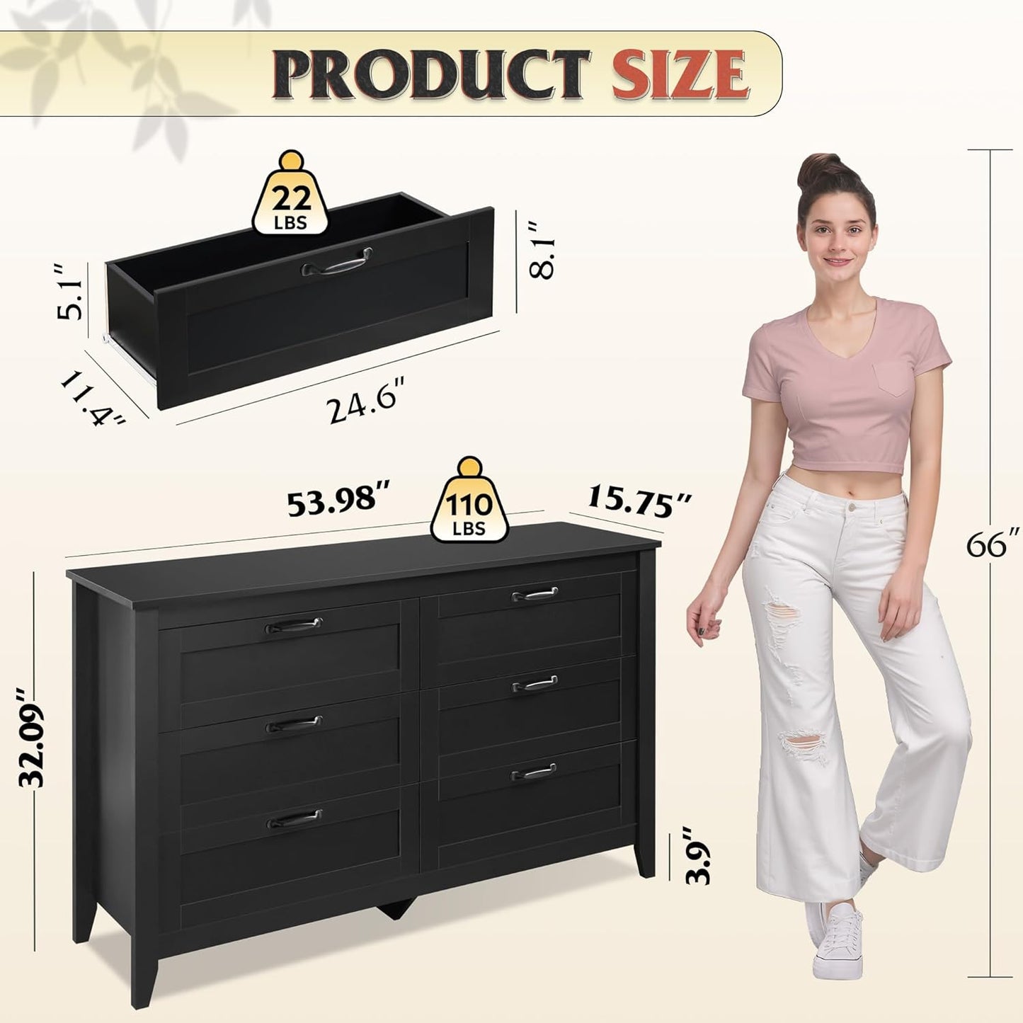 WLIVE Black Dresser for Bedroom, 6 Drawer Wood Dresser with Metal Handle, Large Double Wooden Chest of Drawers for Living Room, Hallway, Closet