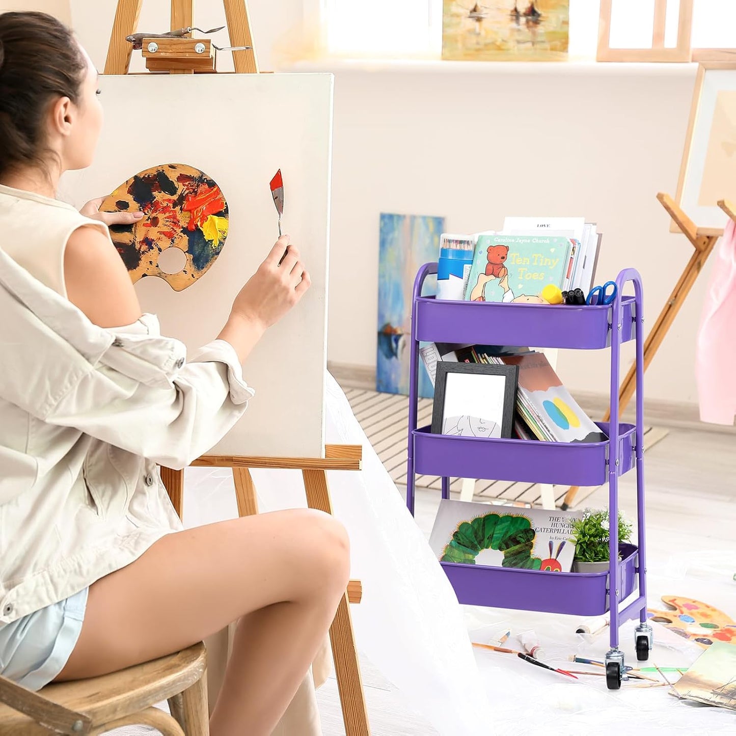 AGTEK Makeup Cart, Movable Rolling Organizer Cart, 3 Tier Metal Utility Cart with Lockable Wheels for Home & Office, Violet