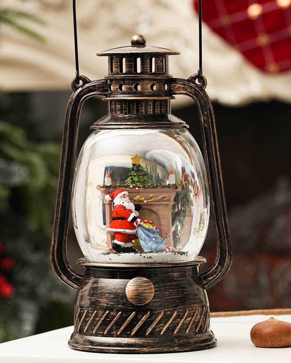 Snow Globe Christmas Decorations Indoor,Christmas Snow Globe Swirling Glittering Santa Scene, USB Lined/Battery Operated Lighted Snow Globe for Christmas Festival Decoration Gifts