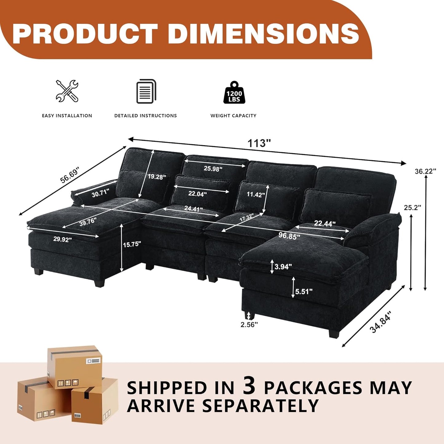 113" Oversized Cloud Couch, U Shape Sectional 4 Seat Sofa with Double Chaises, 2 Layer Cusions, Deep Seat Comfy Sofa, Upholstery Chenille Fabric for Living Room, Black