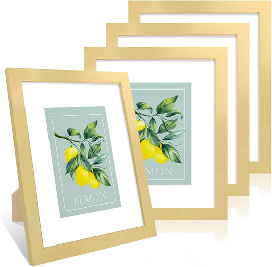 8x10 Picture Frame Set of 4, 8 x 10 Wood Photo Frames with Mat for 5x7, Wooden Frame with Real Glass Cover for Wall and Tabletop Display,Gold