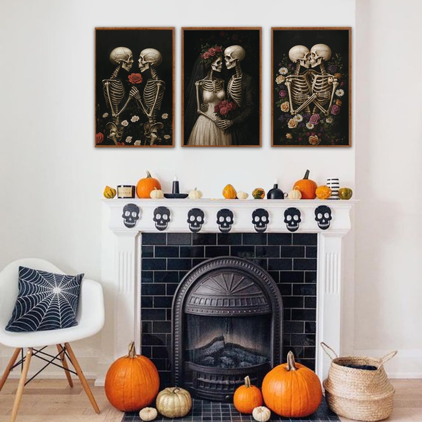 HLNIUC Halloween Rose Wedding Framed Wall Art,Vintage Skeleton Rose Canvas Prints,Abstract Romantic Theme Wall Decor Set of 3(16”x24”)Dark Romance Framed Painting,Roses Skull Art Print for Living Room