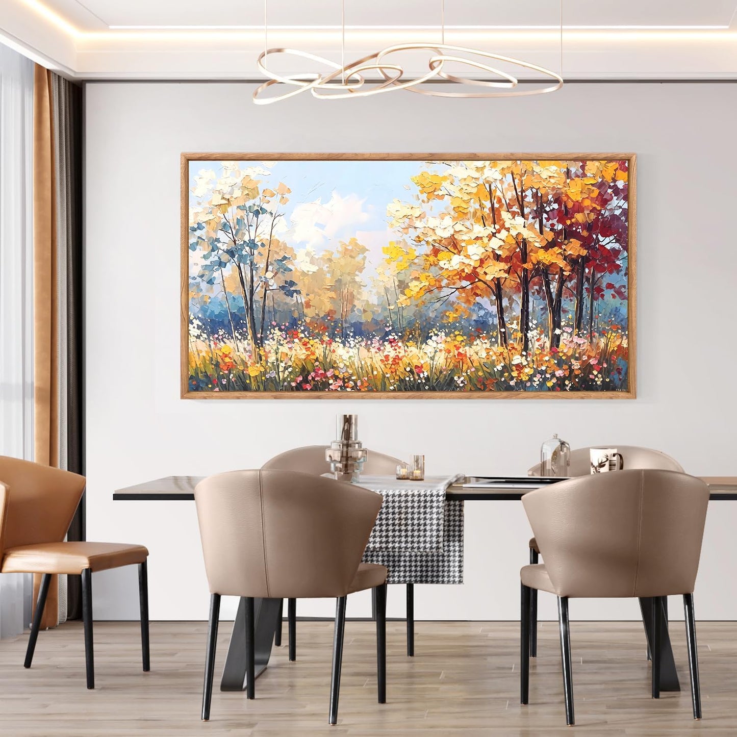 Aurlan Forest Wildflowers Landscape Hand Painted Framed Wall Decor(40"x20"), Vintage Nature Yellow Leaves Scenery 3D Textured Canvas Oil Painting, Classical Watercolor Floral Wall Art for Living Room Bedroom