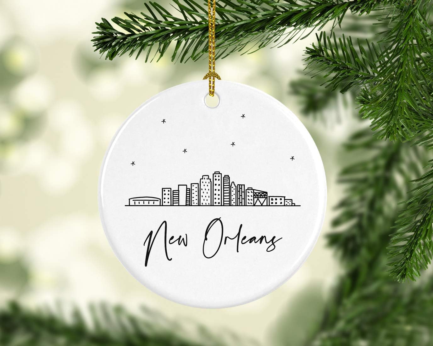 Andaz Press Round Ceramic Porcelain Christmas Tree Ornament Keepsake Gift, New Orleans, Black and White Stars City Skyline Graphic, 1-Pack, Birthday Ideas Family Coworker Him Her, Includes Gift Box