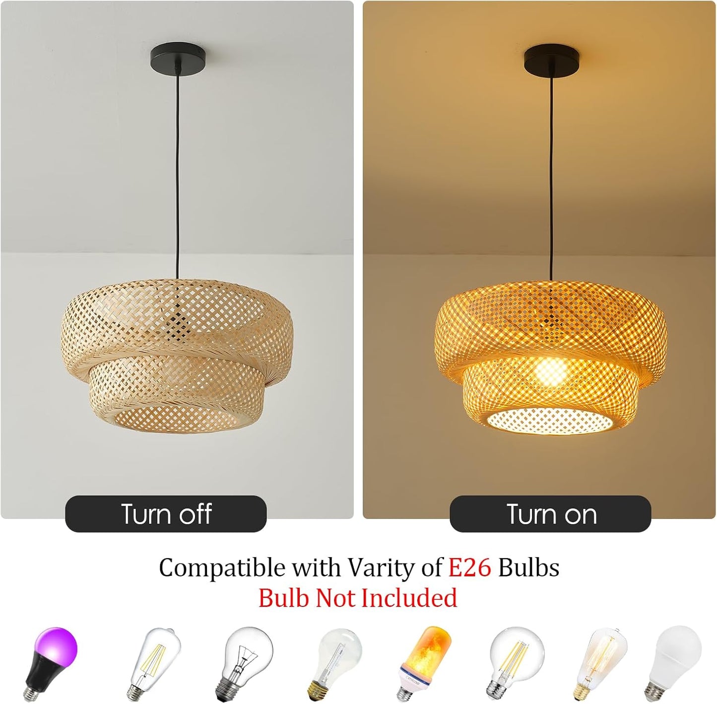 Bamboo Pendant Light,Boho Rattan Hanging Light,13.8" Hand Woven Wicker Chandelier for Kitchen Island for Kitchen Island Dining Bedroom Living Room Restaurants