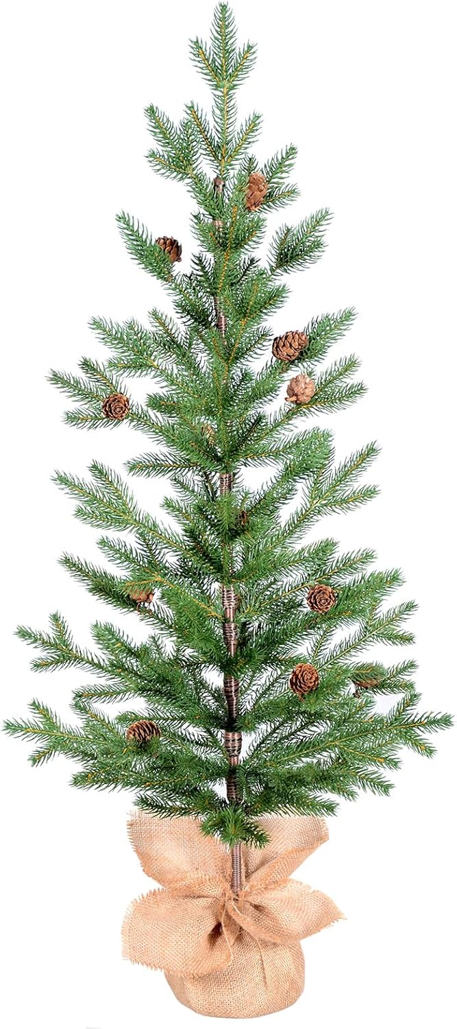 3FT Tabletop Artificial Christmas Tree, 209 Realistic PE Branches, Pine Cone Decorations, Unlit, Cement Base Wrapped in Burlap, Green