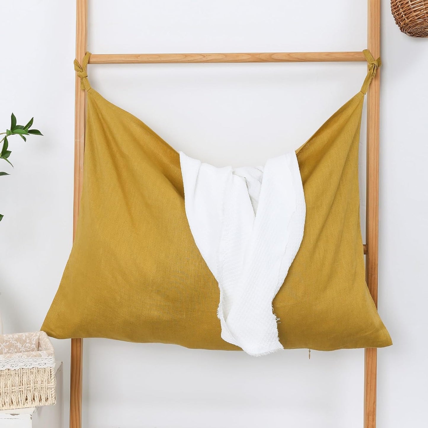 Hanging Linen Laundry Bag, 100% Pure Flax Linen Over The Door Hamper with Bottom Zipper for Laundry Room, Household Dirty Cloth Storage Organizer Bag, Turmeric