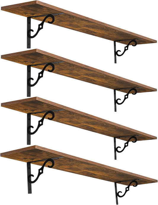 DINZI LVJ Long Wall Shelves, 47.3 Inch Large Floating Shelves Set of 4, Wide Display Shelf Wall Mounted with Brackets, Easy Hanging for Living Room, Toilet, Office, Bedroom, Rustic Brown