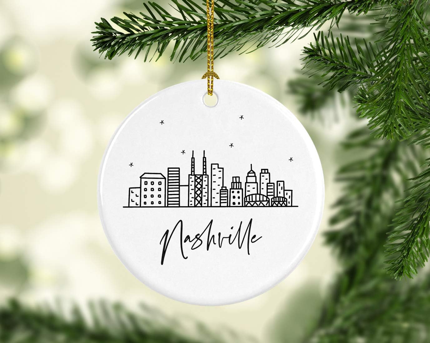 Andaz Press Round Ceramic Porcelain Christmas Tree Ornament, Nashville Black and White Stars City Skyline, 1-Pack, Birthday Ideas for Family Coworker, Christmas Ornament