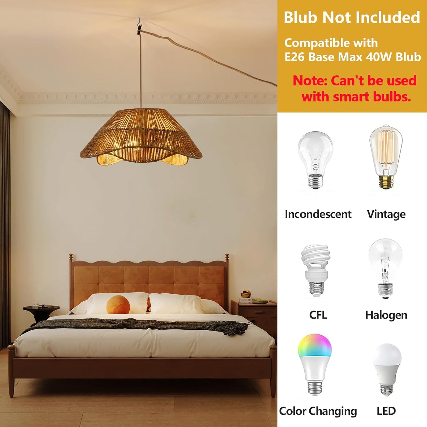 19.68" Plug in Pendant Light, 3-Light Rattan Hanging Lights with Plug in Cord, Boho Plug in Hanging Ceiling Light Fixture with Dimmable Switch, Hand Woven Wicker Hanging Lamp for Dining Room