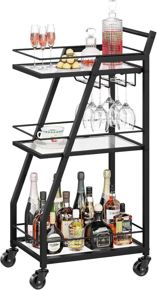 Bar Cart, 3-Tier Bar Cart for The Home, Home Bar Serving Cart with Glass Holders, Beverage Cart for Kitchen, Dining, Party Room, Black BC03BK