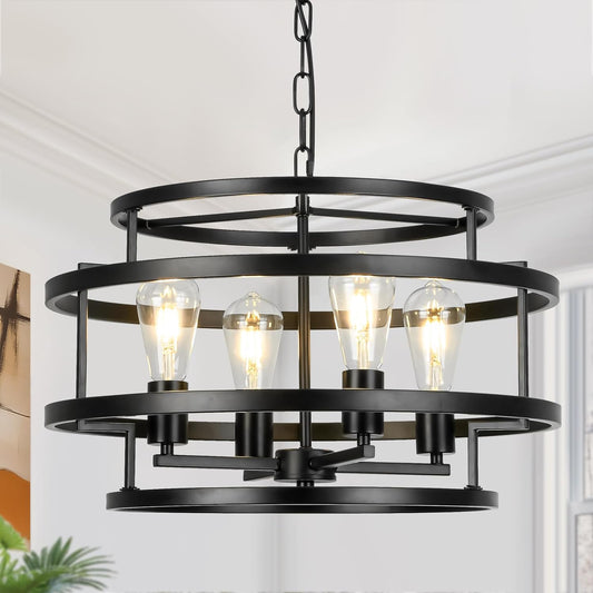4-Light Black Chandelier for Dining Room, 19.7" Modern Farmhouse Pendant Light with Geometric Metal Frame, Industrial Flush Mount Ceiling Light for Living Room, Bedroom, Kitchen Island, Hallway, Foyer
