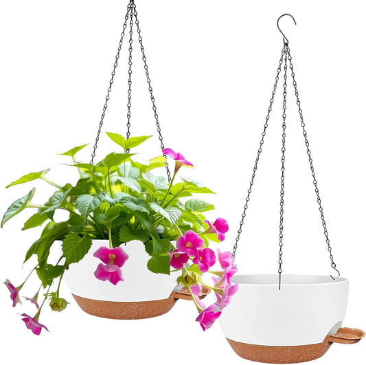 2 Pack Hanging Planters for Indoor Outdoor Plants, 12 Inch Self Watering Hanging Pot with Drainage Holes and Saucer, Plastic Plant Pots, White Brown Flower Pots for Kitchen, Balcony, Garden