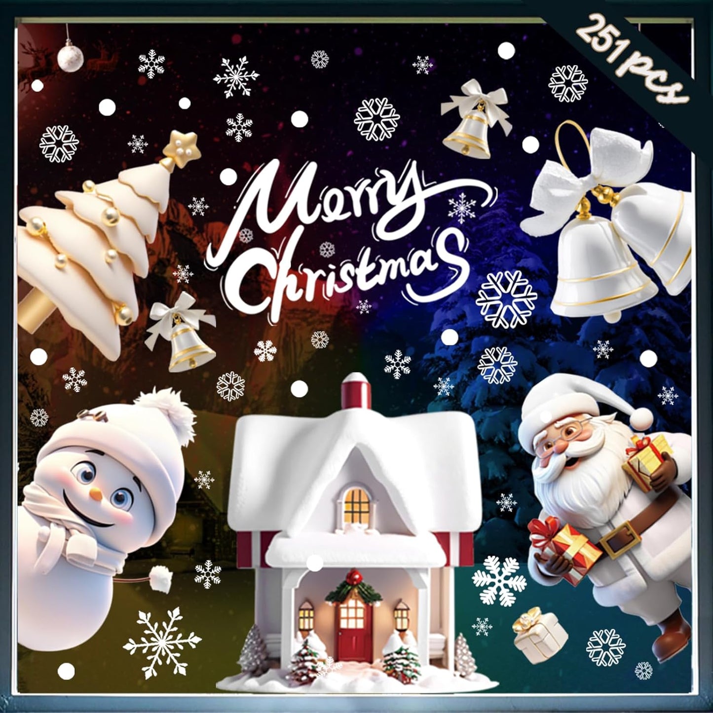 251PCS Christmas Window Clings Stickers for Glass, Xmas Decals Decorations Holiday Snowflakes Santa Snowman Gift and Reindeer Winter Wonderland Decals for Party