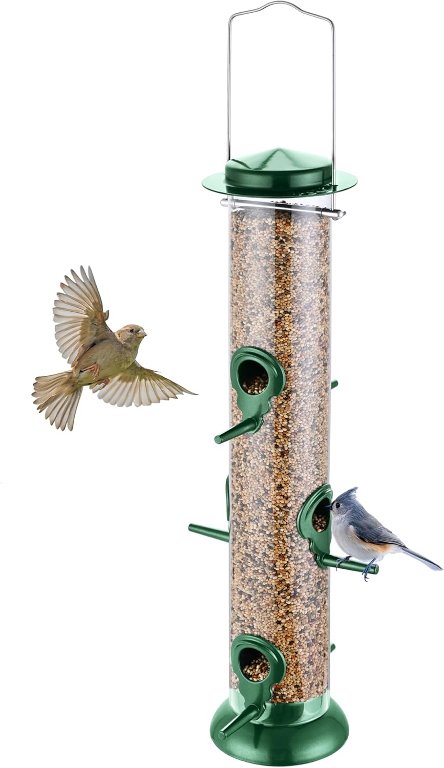 Bird Feeders for Outdoors Hanging,Finch Feeders for Outside,Chew-Proof Hanging Bird Feeder,Rust-Proof Birdfeeder,Squirrel Proof 6 Ports Metal Bird Feeder,14 Inch,1 Pack,Green