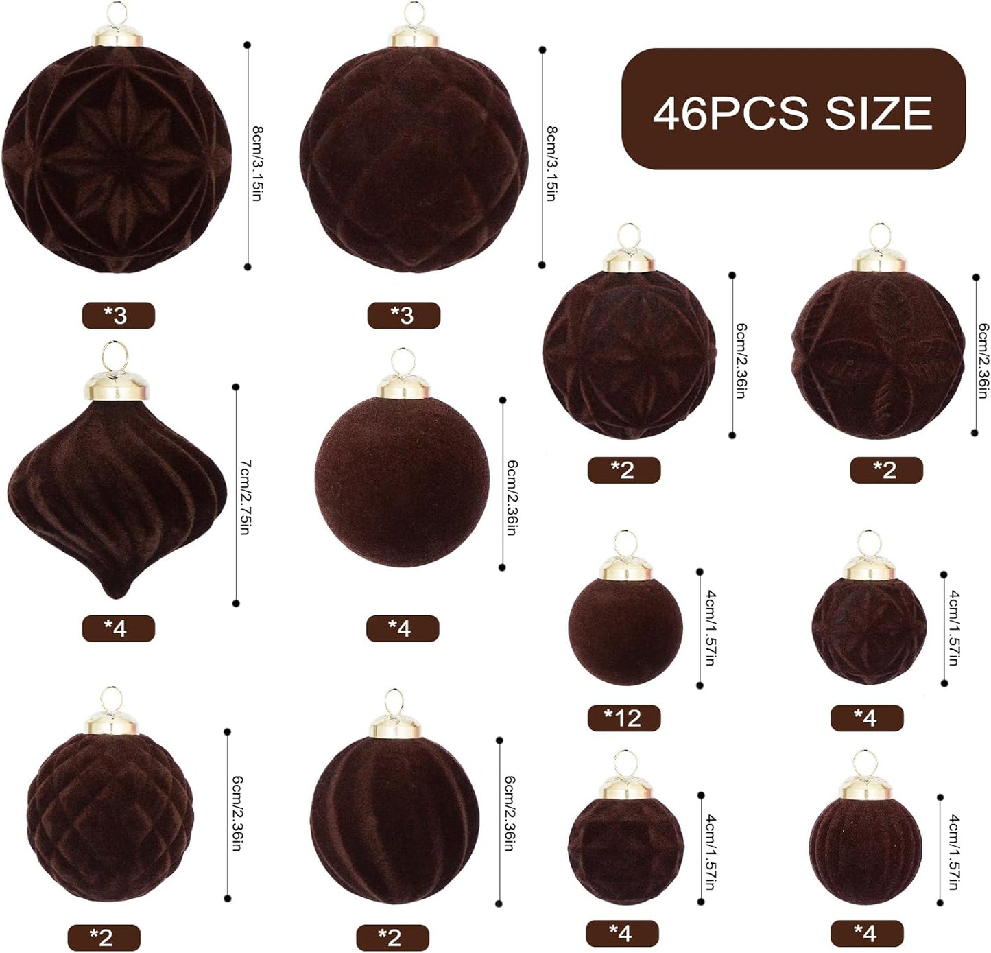 46PCS Velvet Christmas Ball Ornaments Set, Flocked Shatterproof Xmas Tree Decor, Assorted Hanging Ornaments with Loop for Holiday Home Decor, Christmas Tree, Mantel, Party Decoration (Brown)