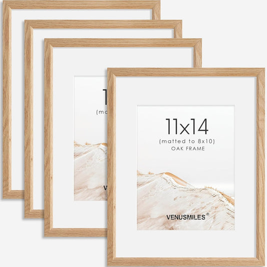 11x14 Picture Frame Set of 4 Natural Solid Oak Photo Frames with 8x10 Removable Mat Wall Hanging Large Handcrafted Frame with HD Plexiglass Wall and Tabletop Display Large Poster Frame