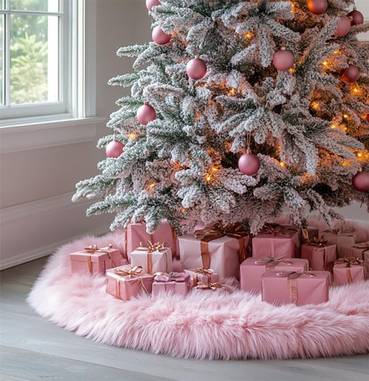 AOGU 60 Inch Faux Fur Christmas Tree Skirt Pink Plush Skirt for Merry Christmas Party Christmas Tree Decoration