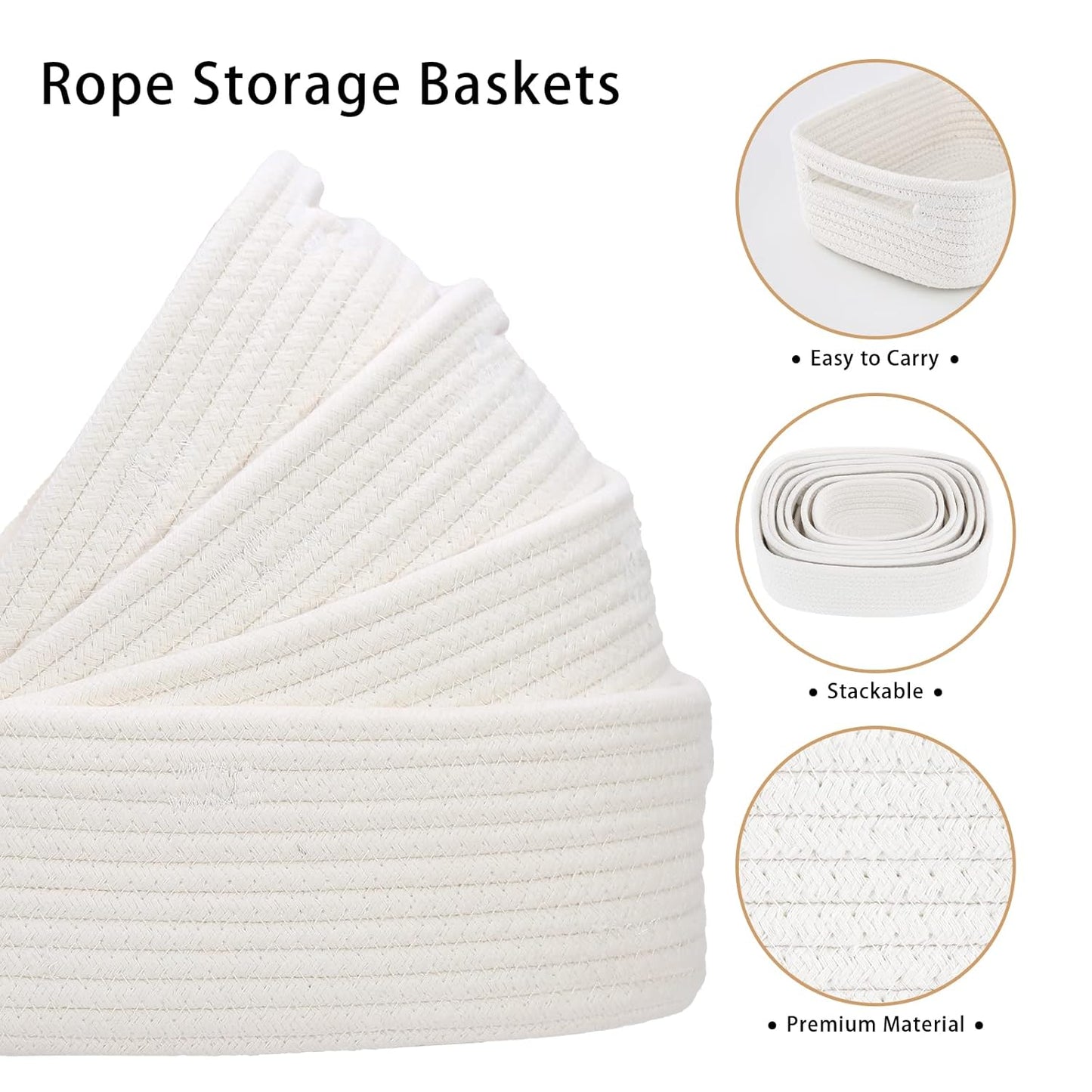 7 Piece Cotton Rope Woven Basket Set - Small Basket for Baby Nursery, Pets, Montessori, Dog & Cat Toy Boxes, Bathroom Organization Bins (White)