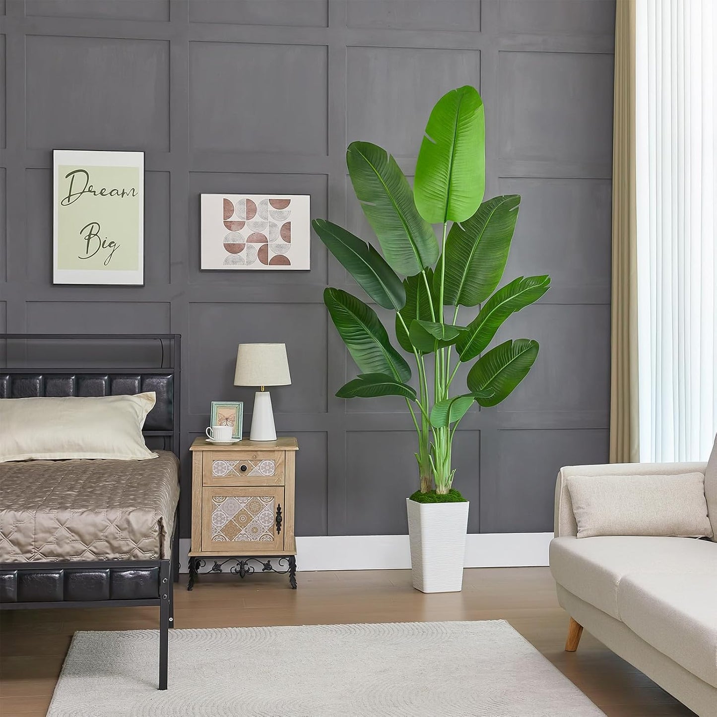 Faux Bird of Paradise Silk Artificial Plant Faux Banana Leaf Tree for Home Decor Indoor Floor Plant with 11 Trunks (1, Black Planter, 6.6 FT)