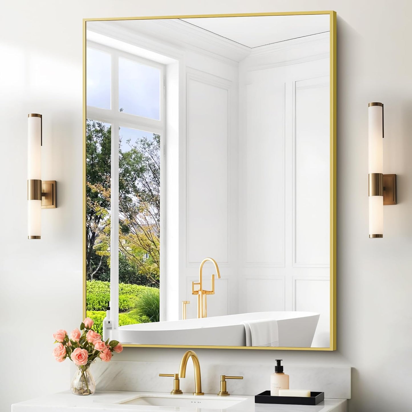 36x48inch Bathroom Mirror, Gold Rectangle Mirror with Thin Metal Frame, Large Rectangular Wall Mirrors for Bathroom, Living Room, Hair Salon, Big Farmhouse Mirror Hang Horizontal/Vertical