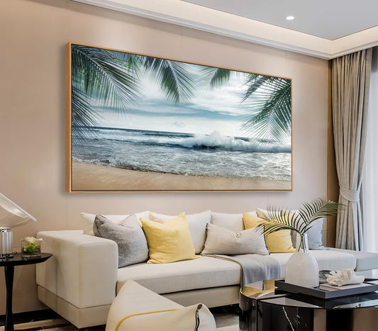 Framed Tropical Beach Wall Art - Ocean Waves Canvas Pictures Coastal Blue Sky and Sea Print Seaside Palm Tree Leaves Scene Painting Artwork Living Room Bedroom Office Home Decor 24" x 48"