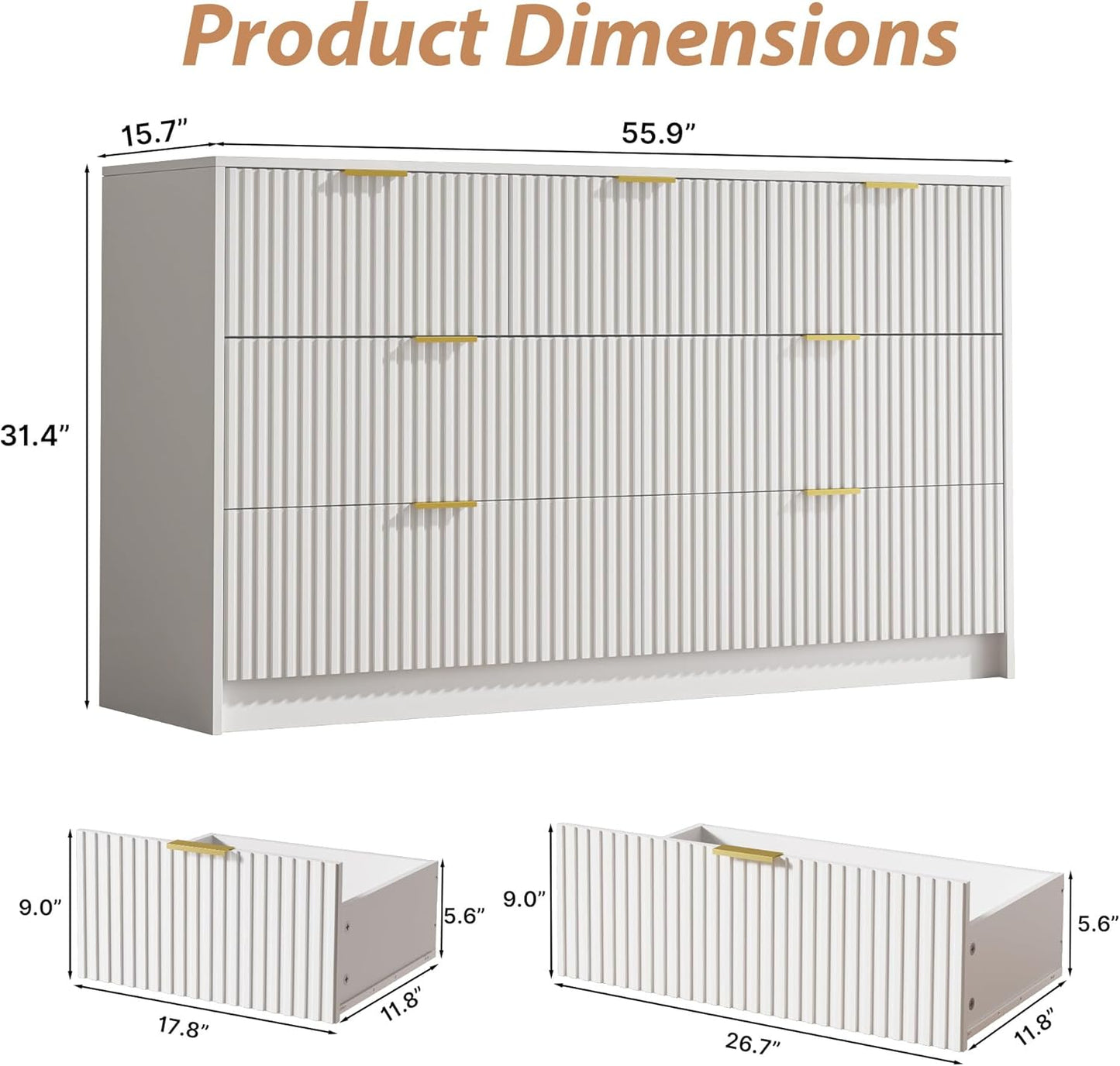 White 7 Drawer Dresser for Bedroom, Modern Fluted Dresser with Gold Metal Handles, Wide Chest of Drawers for Bedroom,Living Room, Entryway, Hallway, 55.9" L x 15.7" D x 31.4" H