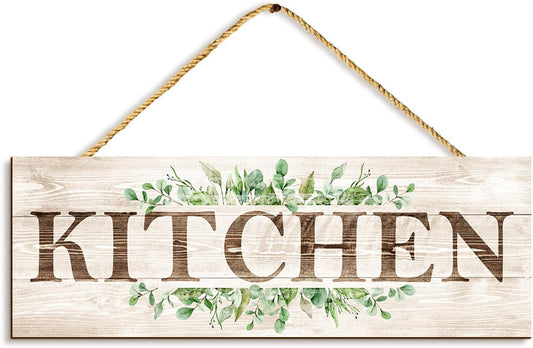Kitchen Sign Wall Decor, Kitchen Wall Art with Plant Print, Rustic Farmhouse Wall Hanging Plaque Home Kitchen Decorative Kitchen, 4.7 x 13.7 inches