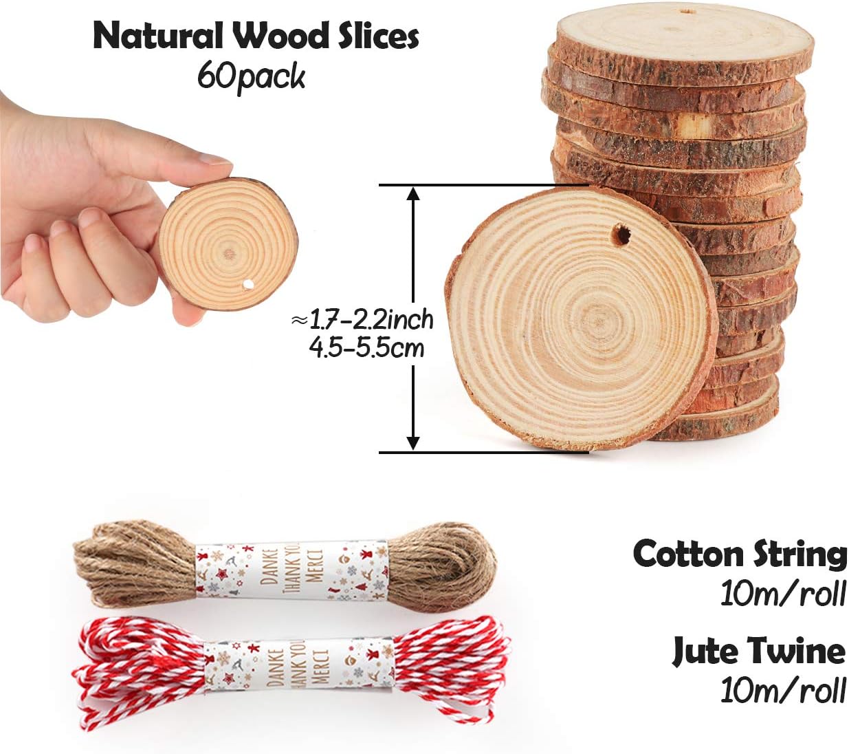 60 Pcs Wood Slices for Crafts, 1.7"-2.1" Pre-Drilled Holes Wood Rounds, 66 FET Twine String, Wooden Circles for Crafts Burning Painting DIY Crafts Christmas Wedding Party Wedding Decor Party